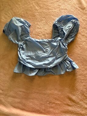Altar'd State Light Blue Puff-Sleeve Peplum Crop Top